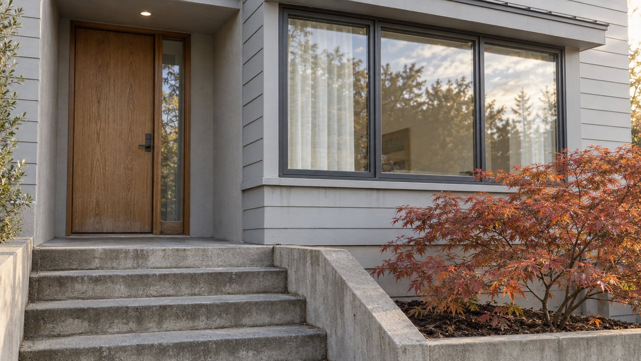 Raised concrete steps lead to a recessed oak door beside a broad projecting window, with russet Japanese maple leaves at the edge.