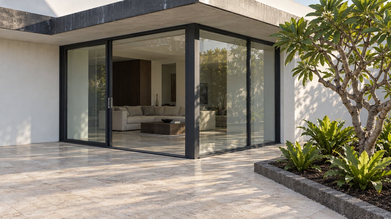 A white modern home's enclosed glass corner opens visually onto a weathered limestone terrace beside a basalt-edged bed with a sculptural flowering tree and three ferns.
