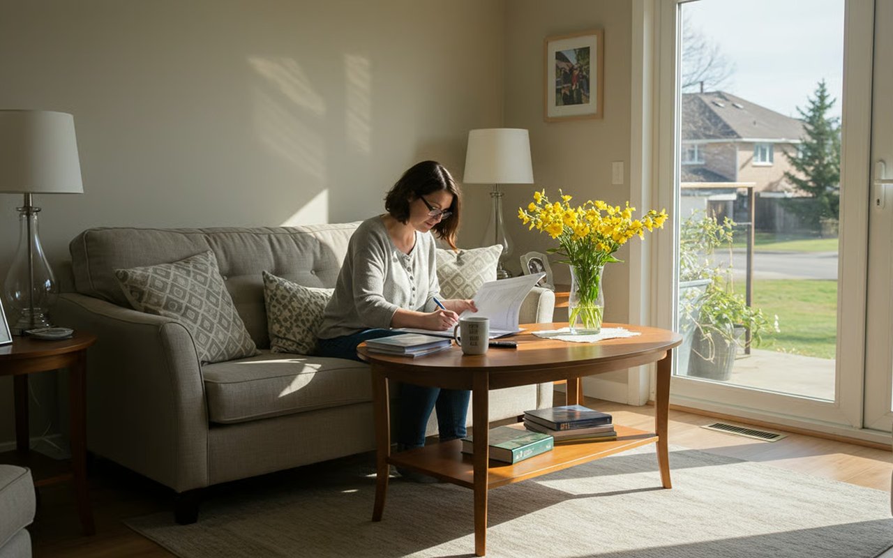 Woman writing at a coffee table in a sunlit living room beside a glass patio door.