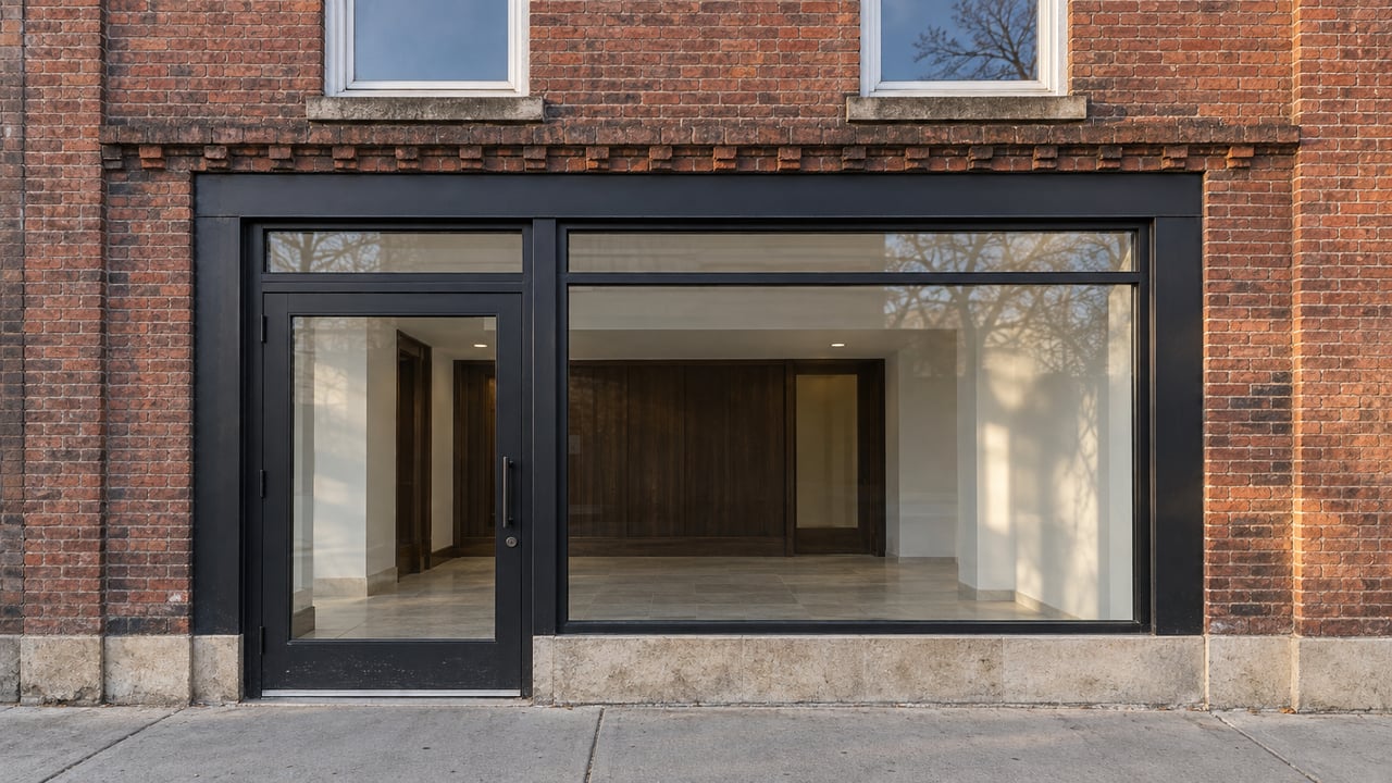 Black steel storefront beneath two white-trimmed sash windows in an aged red-brown brick facade.