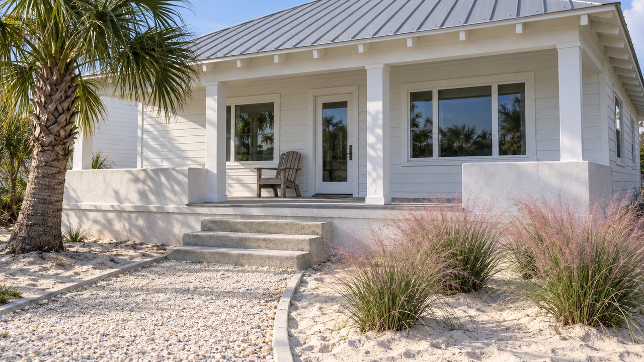 White raised beach cottage with a metal roof, shaded porch, shell approach, specimen palm and pink muhly grass in bright daylight.