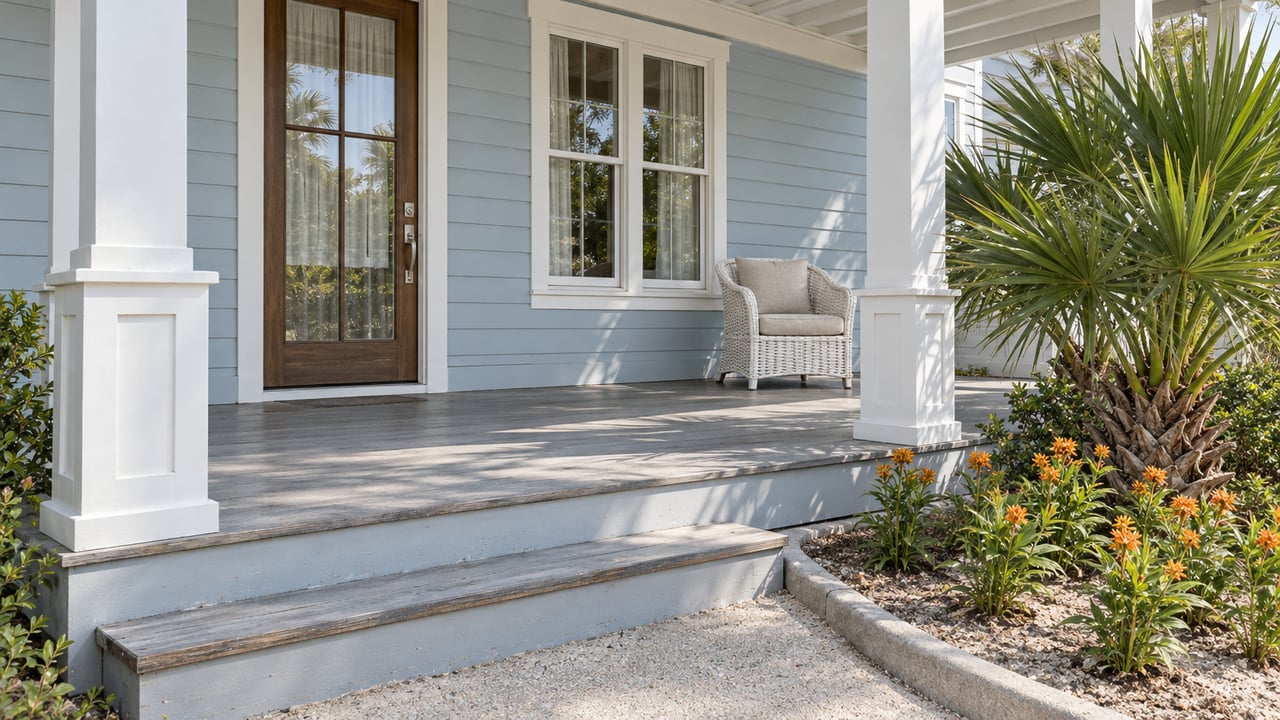 Pale-blue cottage porch with white posts, weathered painted floorboards, a woven chair, and orange-flowering native planting.