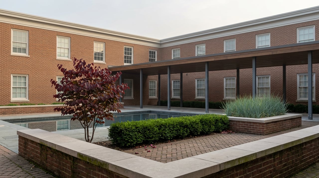 Brick apartment courtyard with a reflecting pool, wood-slat walkway, and burgundy-leaved redbud tree.