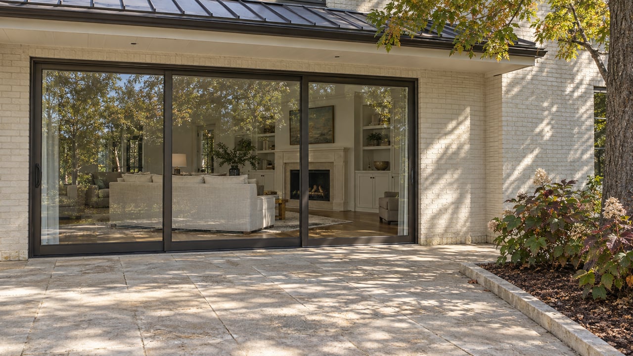 Painted brick home with bronze-framed glass doors, a limestone terrace, and oakleaf hydrangeas beneath mature oak branches.