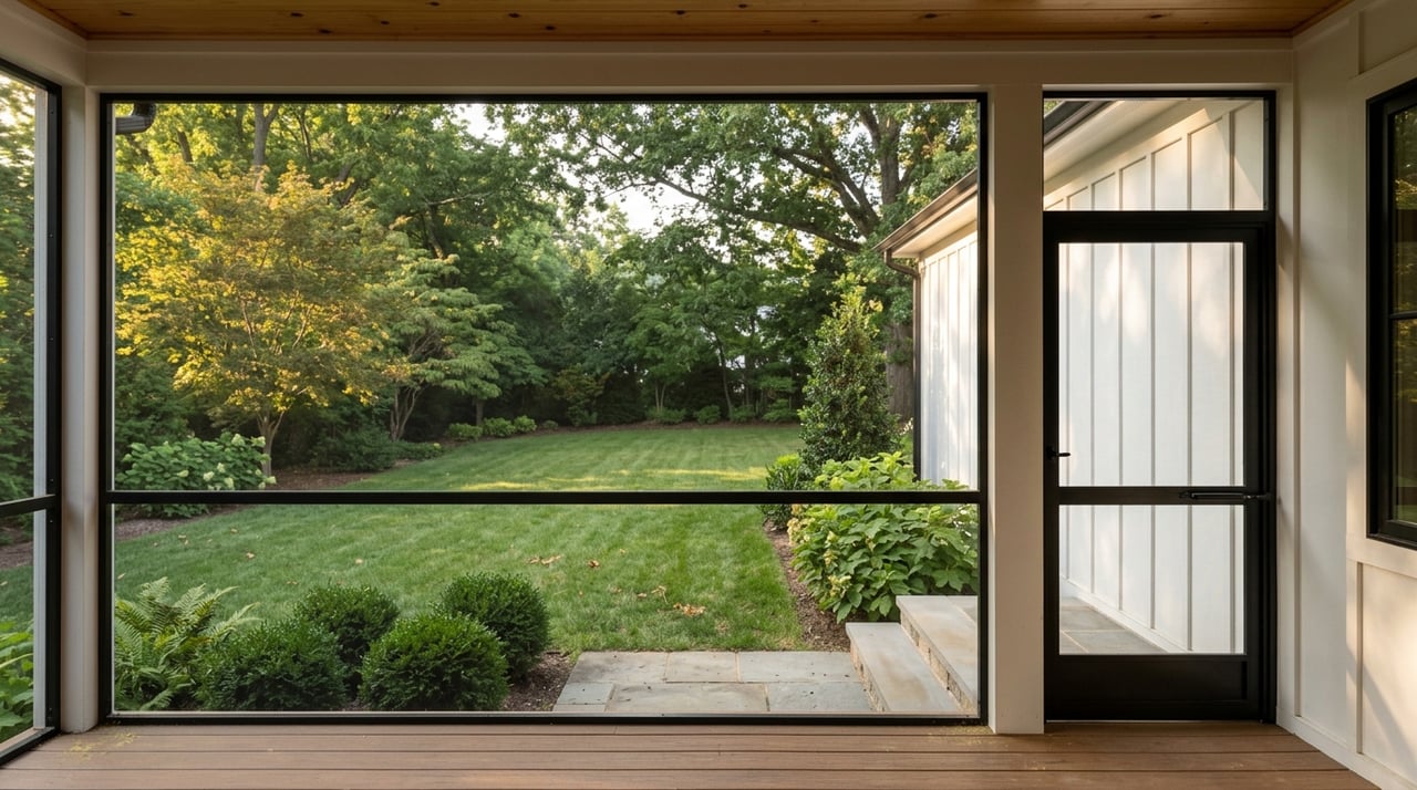 Black-framed porch screens overlook a deep lawn edged with woodland planting.