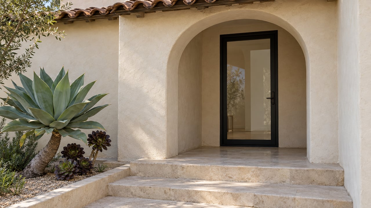 Warm stucco arched home entry with a black-framed glass door, limestone steps, and sculptural succulents.
