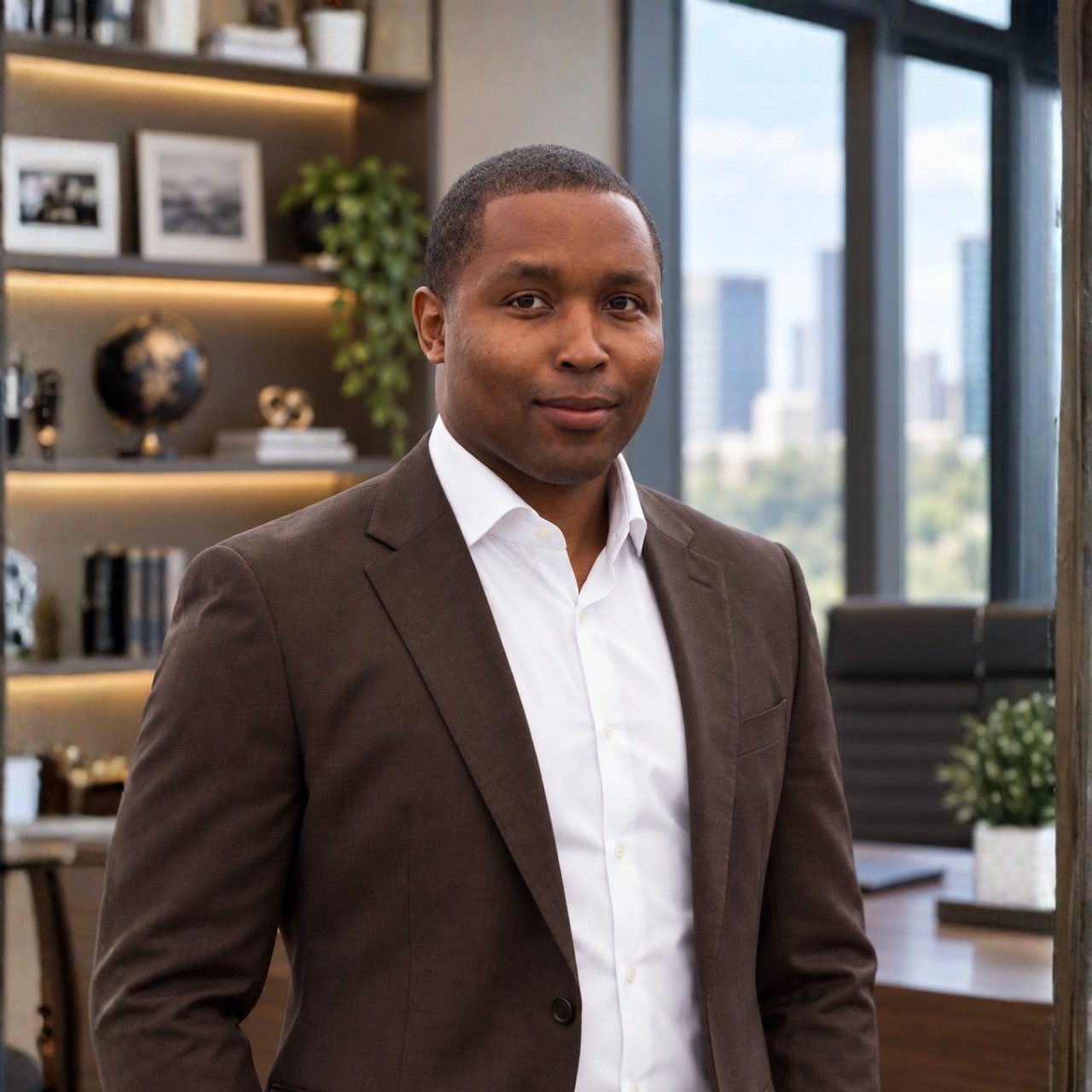 Larry Bankston in a brown suit jacket, standing in an office with a city view.