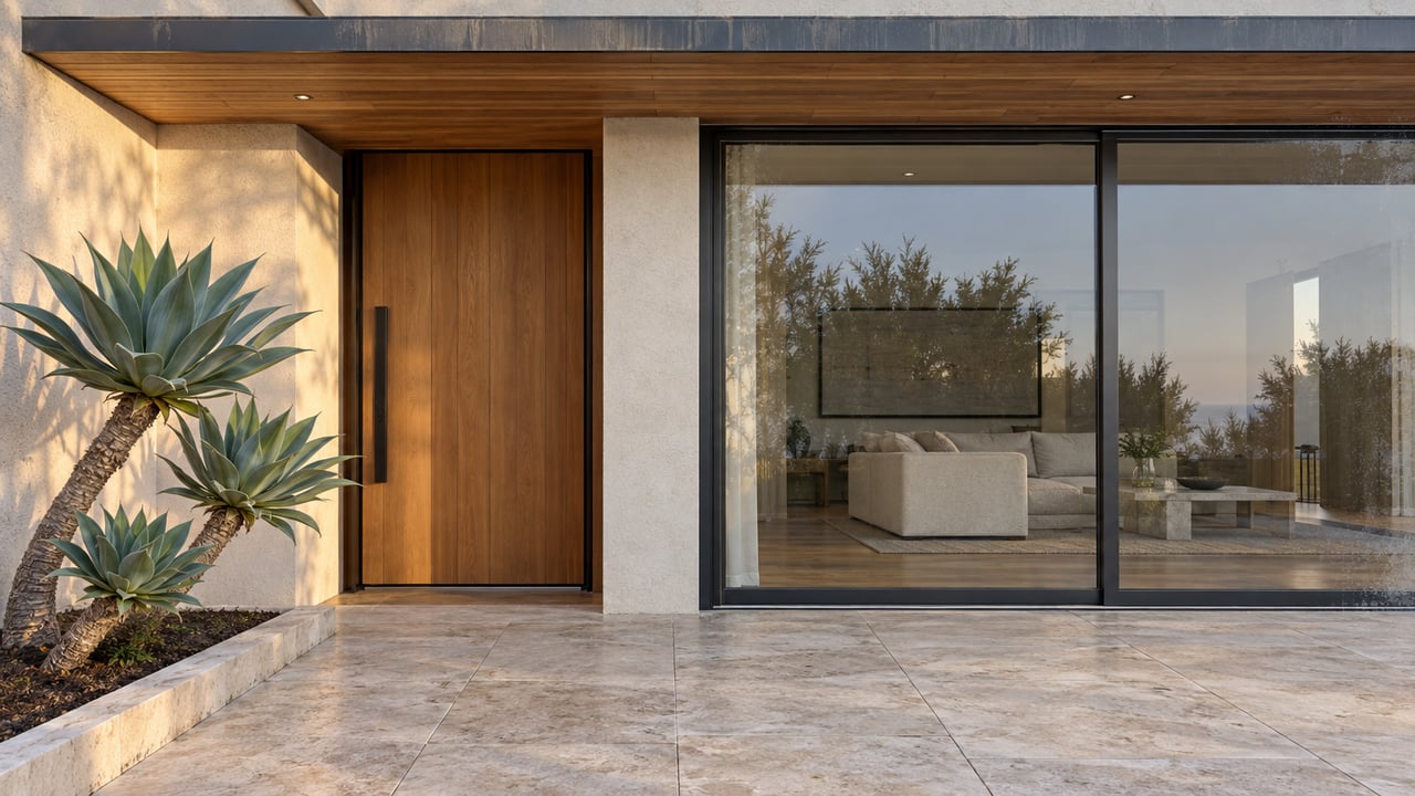 Close exterior view of a contemporary home's cedar entrance, pale stucco, closed glass slider and limestone terrace beside a sculptural agave.