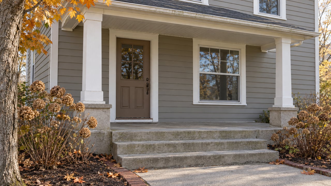 Warm-gray clapboard home with a covered porch, weathered concrete steps, amber maple leaves and dried hydrangea flowers.