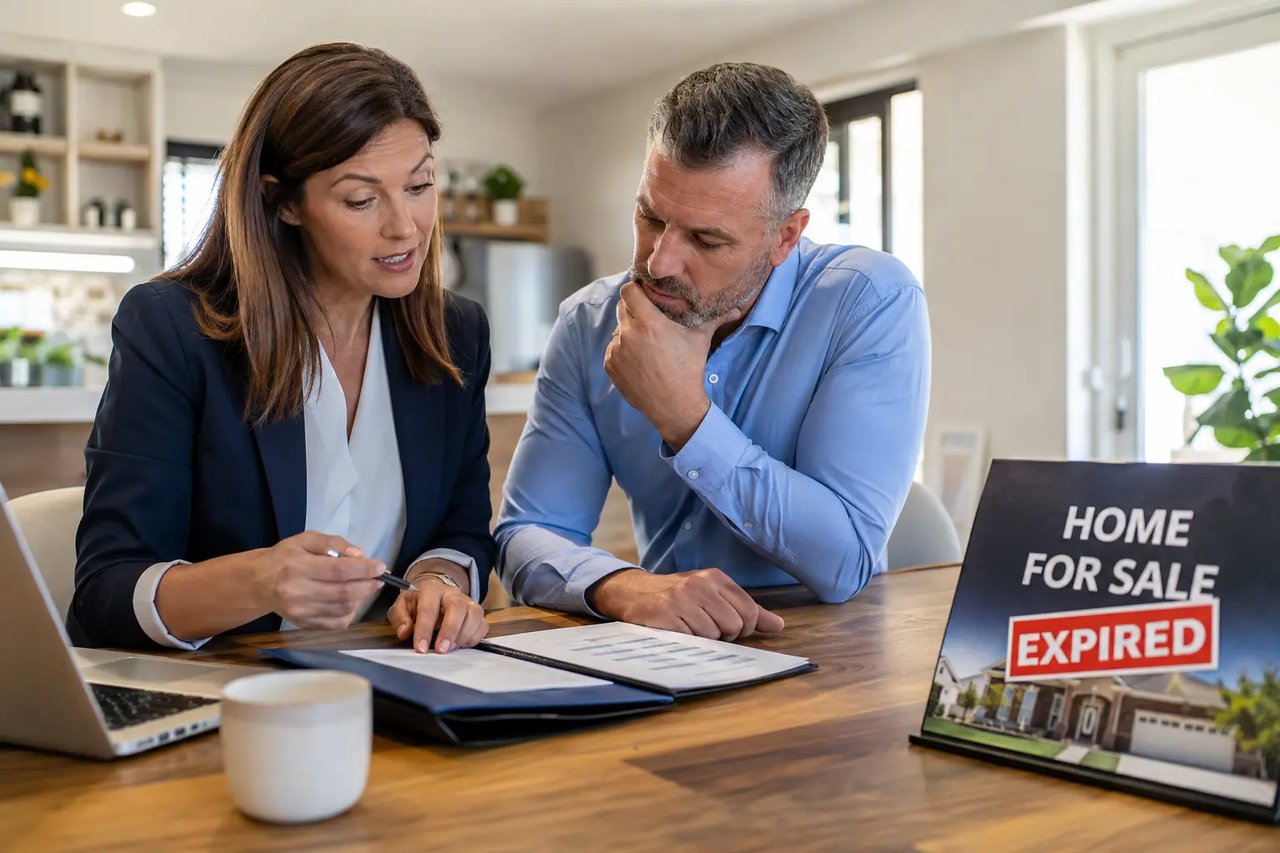 Homeowner meeting with a real estate professional to discuss relisting a home that did not sell.