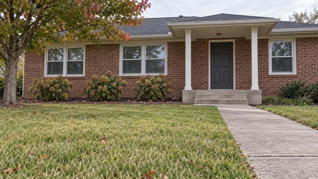A single-story brick home behind a broad autumn lawn, with a concrete front walk, covered entry, and a maple tree.