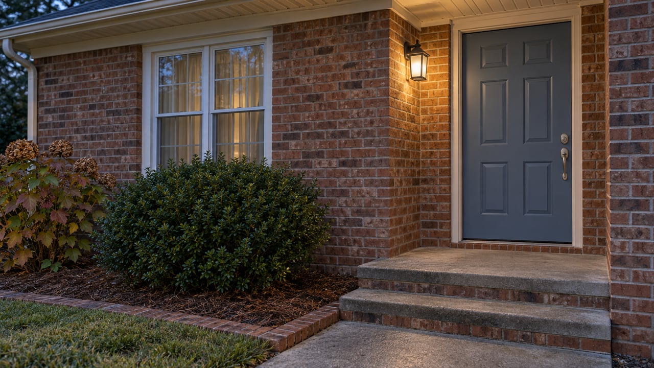Blue-hour view of a brick home's slate-blue front door, porch light, concrete steps and autumn planting.