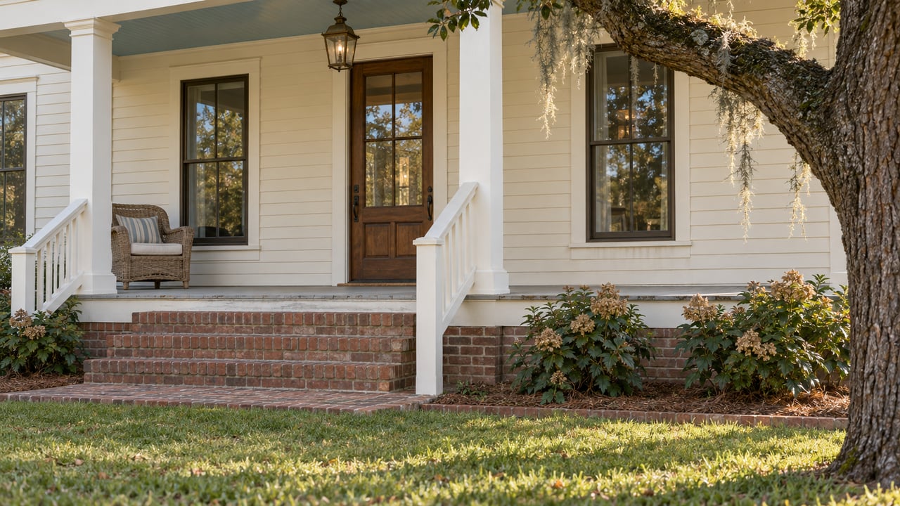 Cream clapboard home with a raised porch, brick steps, tall windows and a mature live oak beside the lawn.