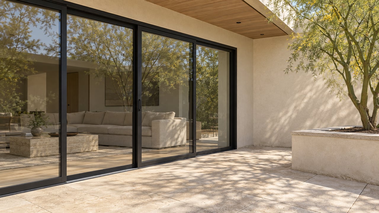 Sunlit limestone terrace beside closed black-framed living-room glazing, an oak soffit, and a sculptural green-trunk tree in a raised stucco planter.