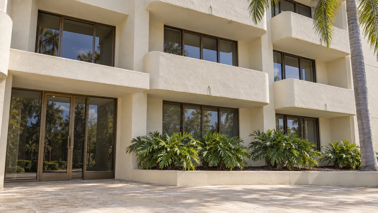 Sunlit cream condominium facade with bronze-framed glass doors, stacked balconies, pale stone paving and a mature palm.