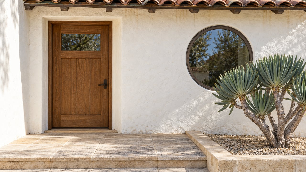Sunlit white stucco home entrance with an oak door, round window, terracotta roof tiles and a sculptural fan aloe beside a stone landing.