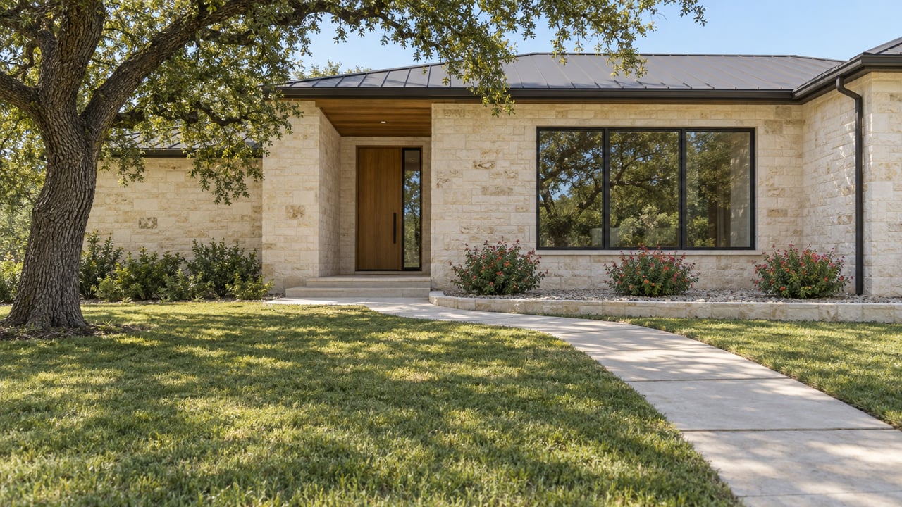 Modern limestone home with a wood entry, curved walkway, and large oak tree.