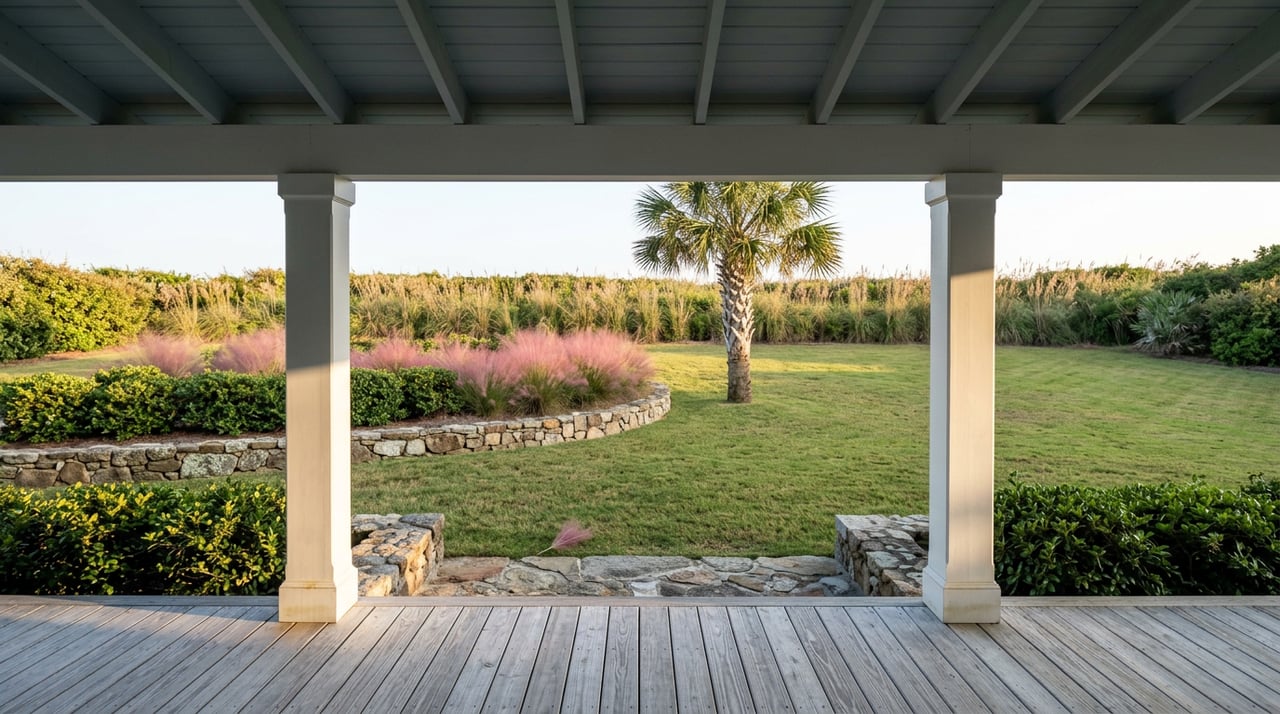 Coastal cottage porch frames a side yard with a palmetto, pink muhly grass, and a sea oat hedge.