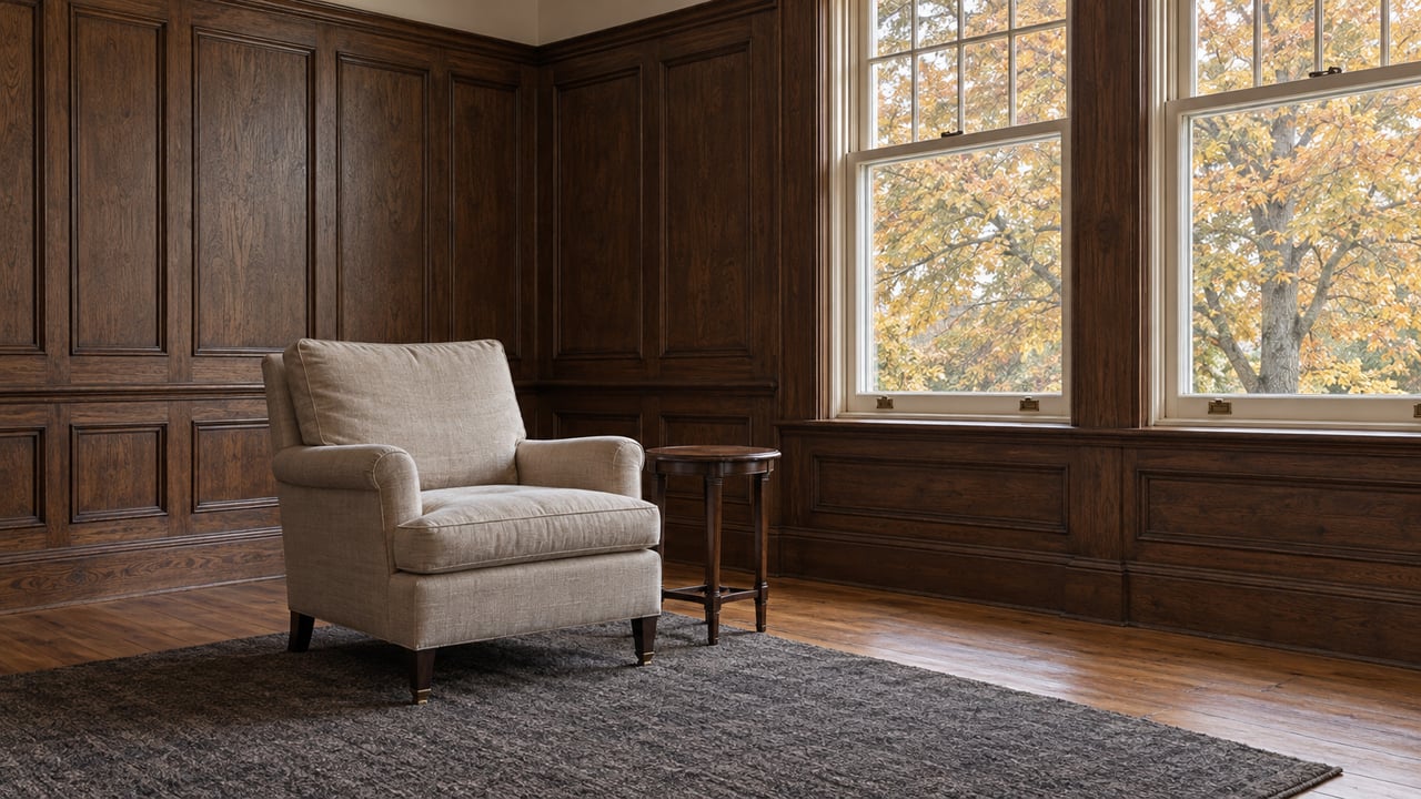 Dark oak-paneled sitting room with an oatmeal armchair, oak flooring and two windows overlooking golden maple leaves.