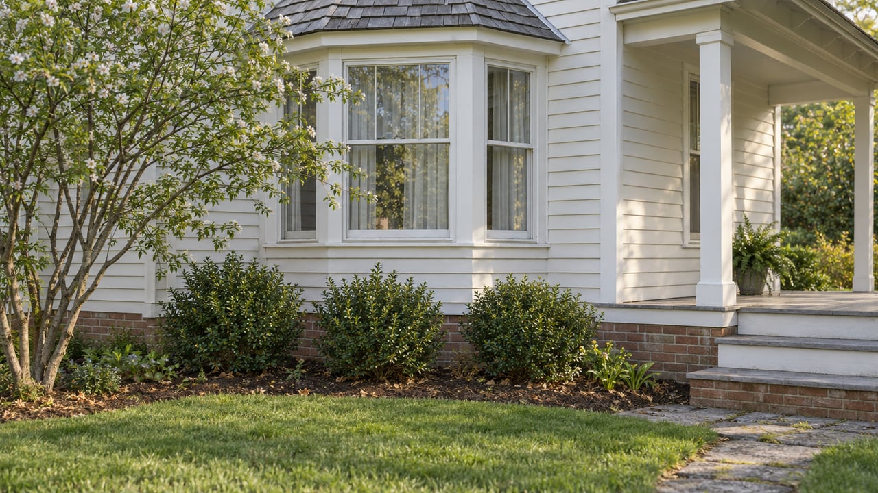 Cottage corner with a bay window, covered porch, brick foundation, and garden lawn.
