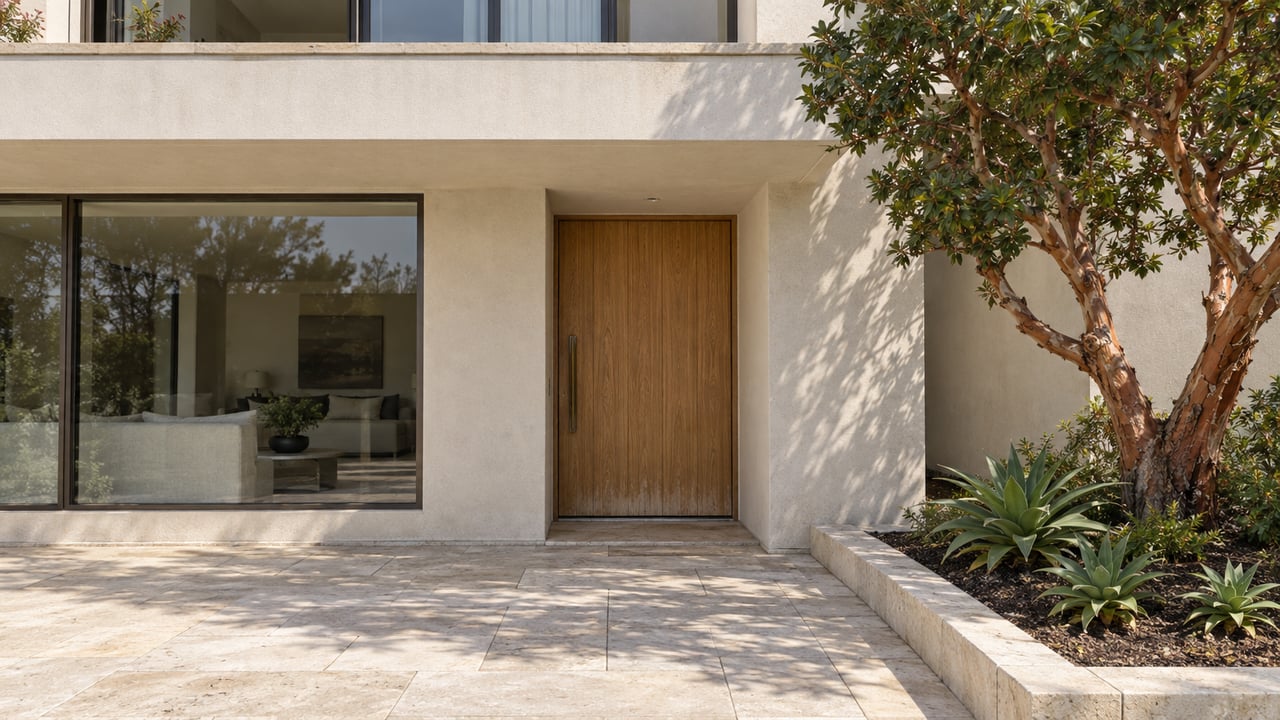 Light stucco home with an oak entry door, bronze-framed windows, limestone paving and a sculptural strawberry tree in a raised planting bed.
