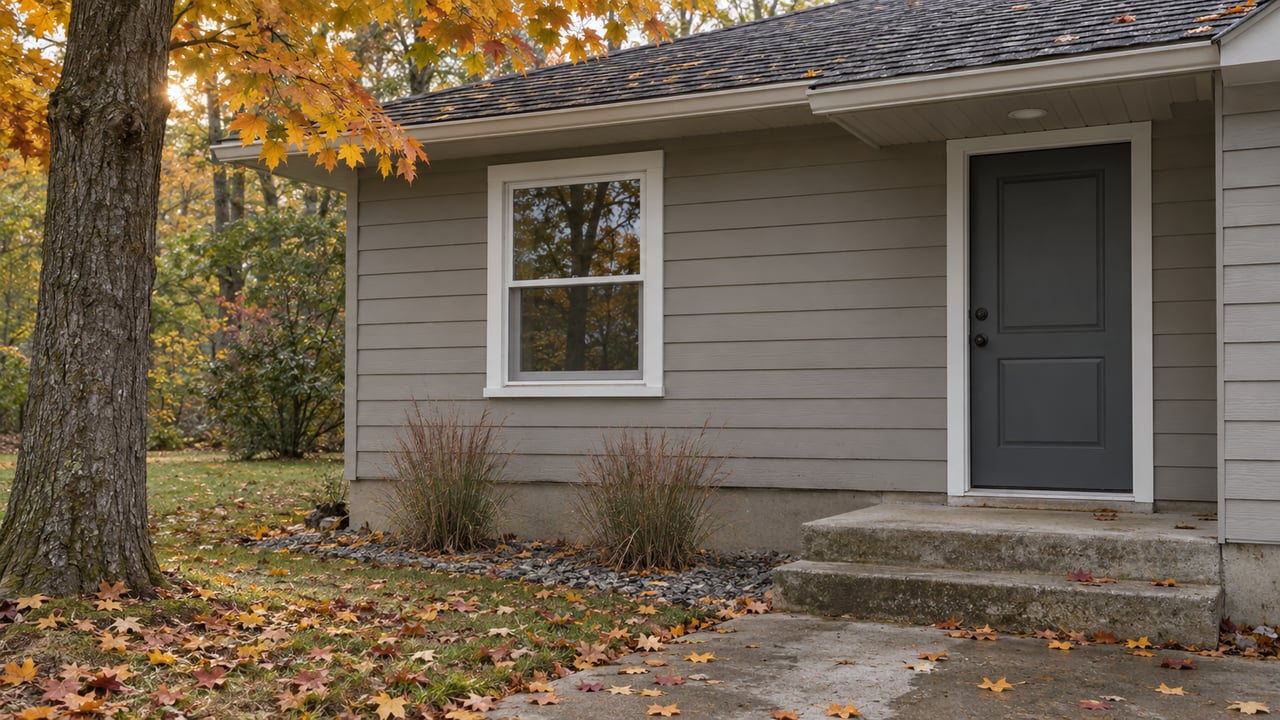 Modest gray-sided home entry with concrete steps, a dark door, and amber maple leaves.