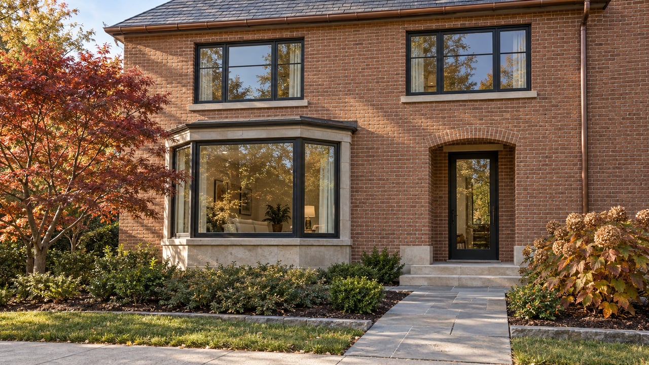 Brick duplex with black-framed windows, a stone entrance path and autumn maple and oakleaf hydrangea planting.