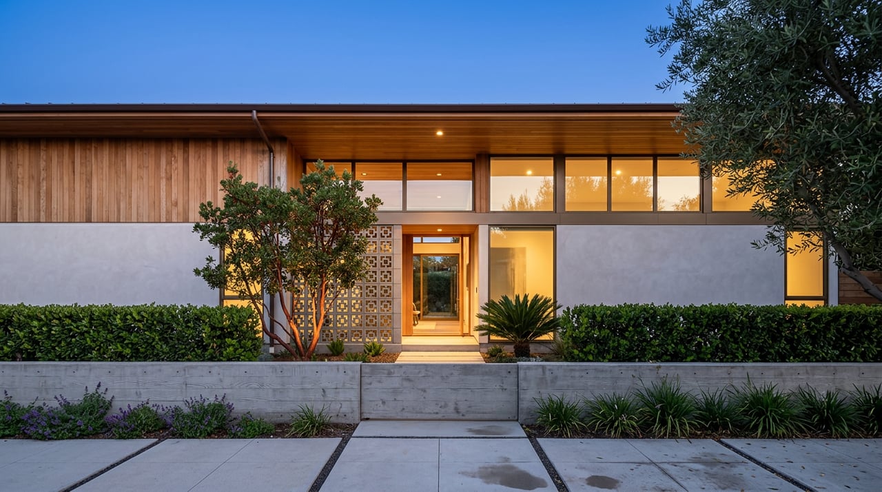 Cedar-clad home entry glowing at blue hour, with a pierced concrete screen, olive canopy, and low garden wall.