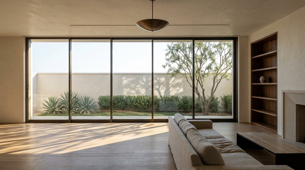 Sunlit great room with a bronze pendant, walnut shelving, and a glazed wall overlooking a walled garden.