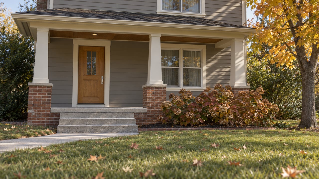 Autumn sunlight on a gray-sided home's covered entry, brick foundation and concrete approach, with gold maple leaves and an oakleaf hydrangea.