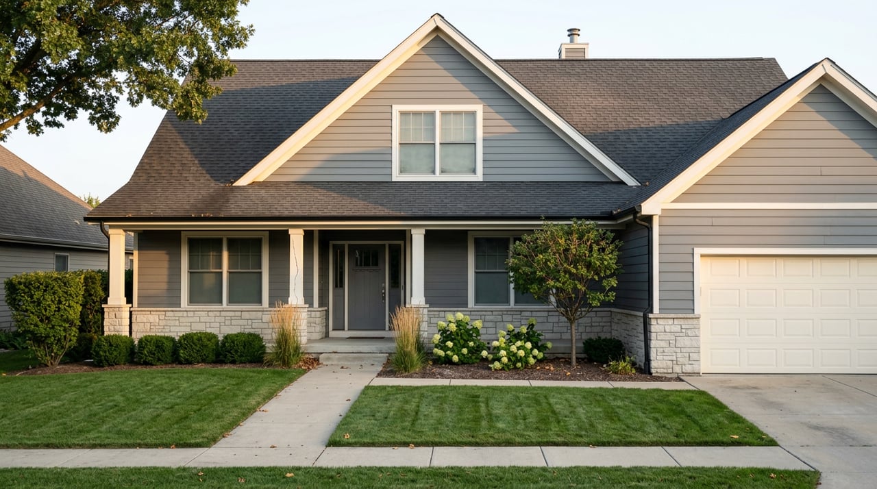 Two-story gray-sided home with stone porch base, gabled roof, attached garage, and a straight walk across the lawn.
