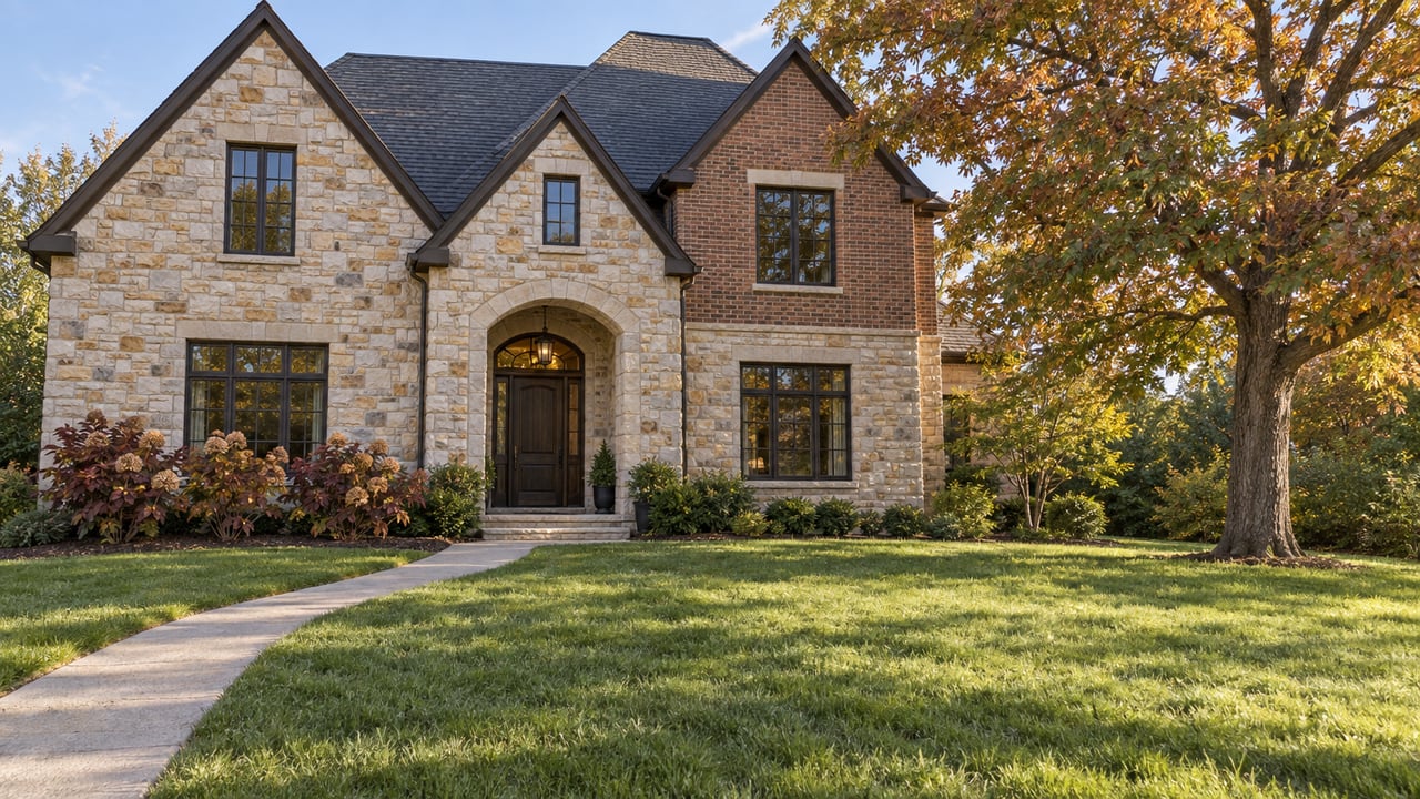 Stone-and-brick home with steep gables and an arched entry beneath autumn foliage.