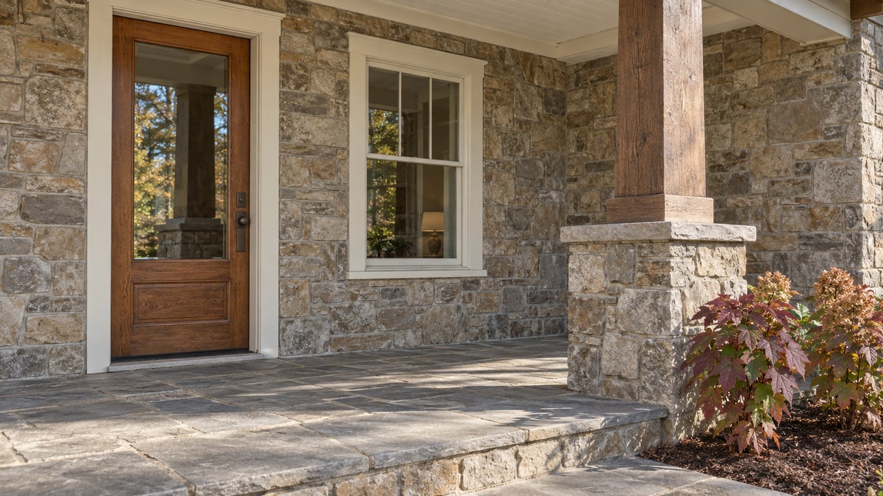 A covered home entrance with a glazed oak door, sandstone walls, gray flagstone paving and autumn oakleaf hydrangeas.