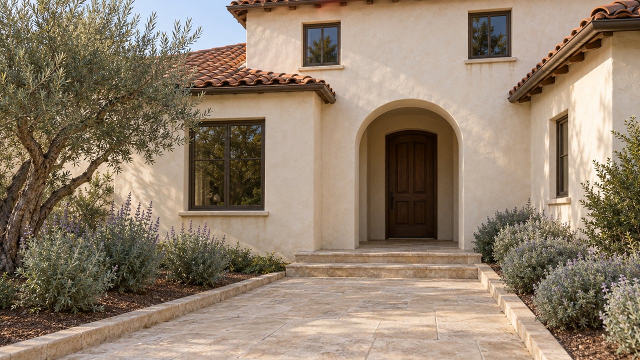Warm stucco home with clay tile roofs, a recessed oak entry, and a limestone approach bordered by silver-leaved planting.
