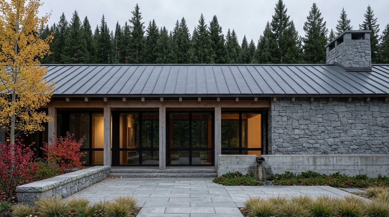 Mountain residence with a gray granite facade, dark zinc roof, gold aspen, and a broad granite entry court.