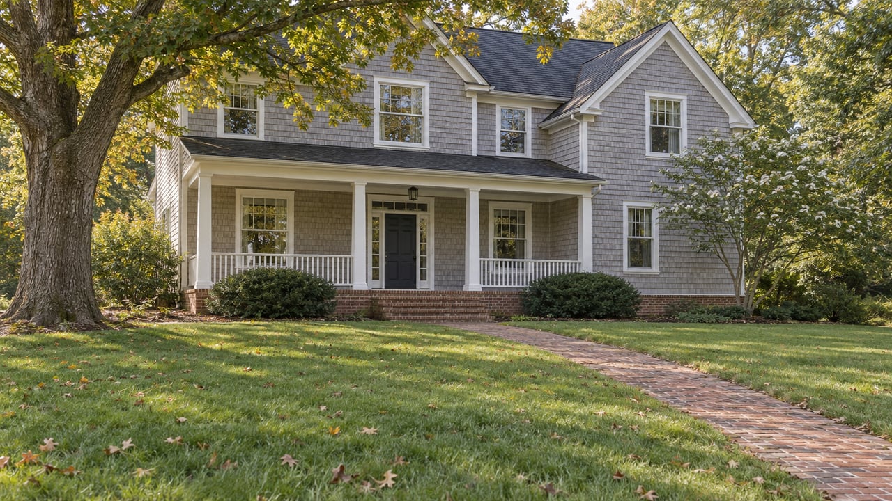 Pale-gray shingle house with a broad porch, brick steps, and a gently sloping lawn beneath a mature oak.