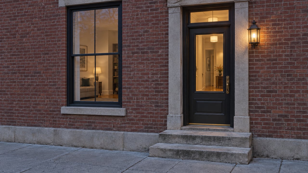 Warmly lit glazed residential entry and tall sash window in an aged red-brick facade, above worn limestone steps at blue hour.