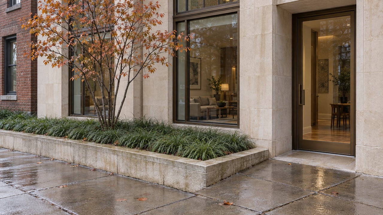 Limestone residential facade with bronze-framed windows, a raised planting bed, and rain-darkened sidewalk.