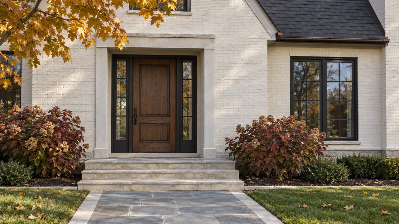 Ivory painted-brick home with a dark oak entry, limestone steps, black-framed windows, and gold autumn leaves.