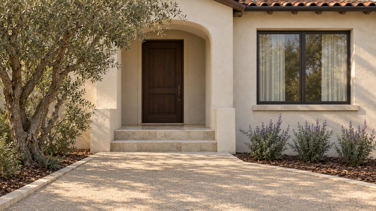 Warm stucco home entry with clay roof tiles, a recessed oak door, limestone steps and a mature olive tree.