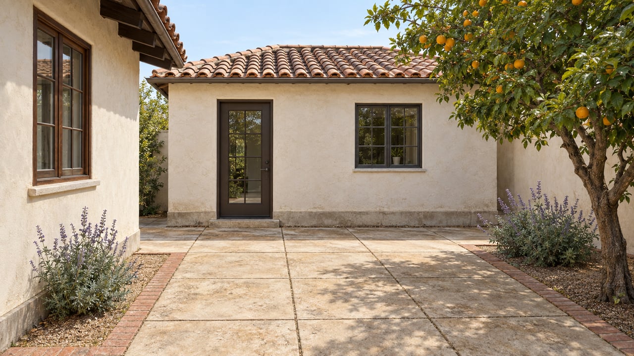 A small stucco backyard dwelling with a terracotta-tile roof stands across a paved courtyard from a larger house.