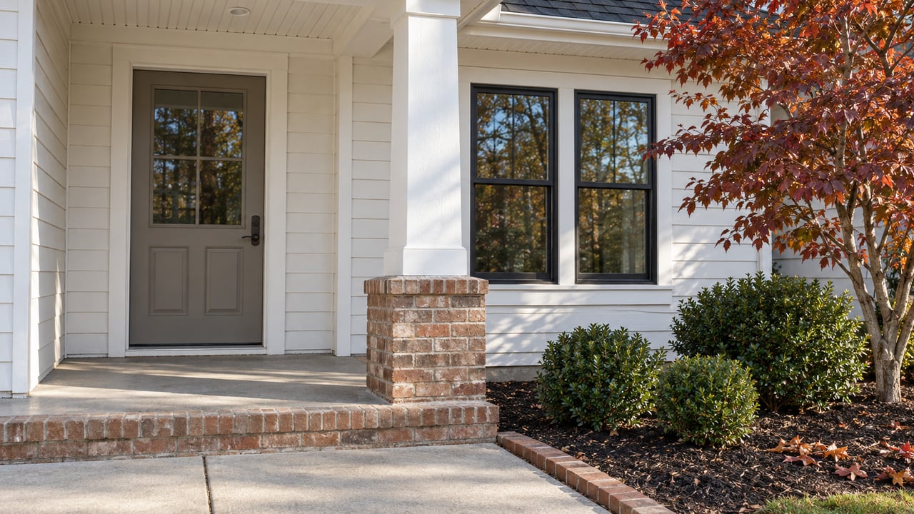 White lap-sided home entry with a gray glazed door, black-framed window, brick-edged concrete porch and burgundy dogwood foliage.