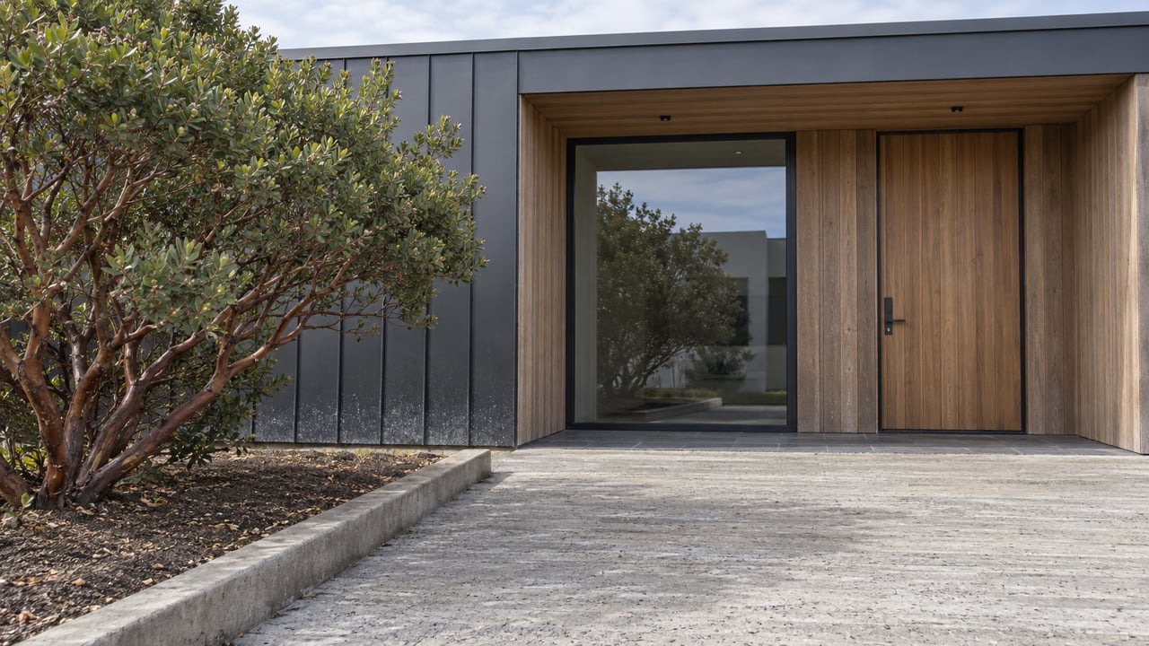 Low-angle view of a contemporary home with charcoal metal siding, a cedar entry, concrete paving and one sculptural manzanita.