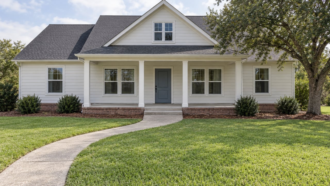 White-sided detached home with a covered porch, brick foundation, broad front lawn and a spreading live oak.