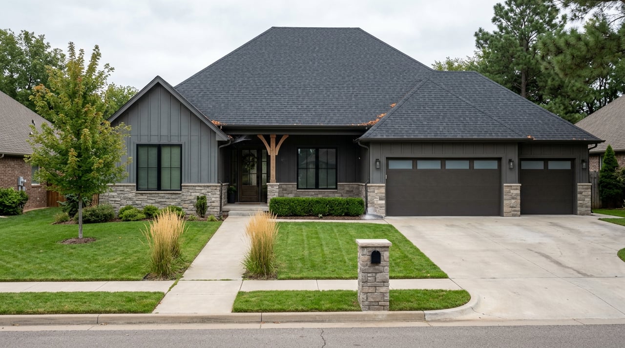 Graphite-gray suburban home with stone siding, three-car garage, deep lawn, and young trees.