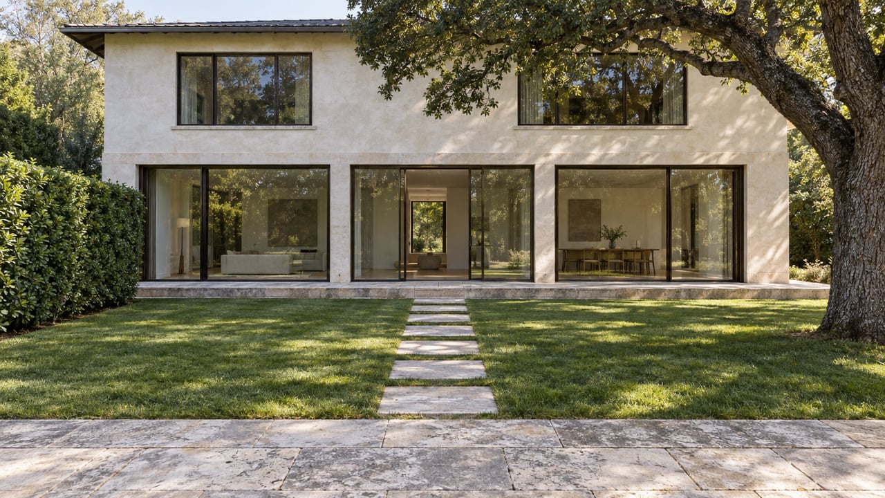 Two-story cream-stucco villa with bronze-framed windows, lawn, limestone path, and oak canopy.