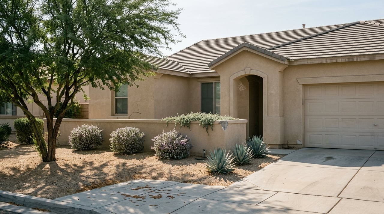 Sand-toned stucco home with a two-car garage, tile roof, mesquite tree, and agave-lined gravel yard.