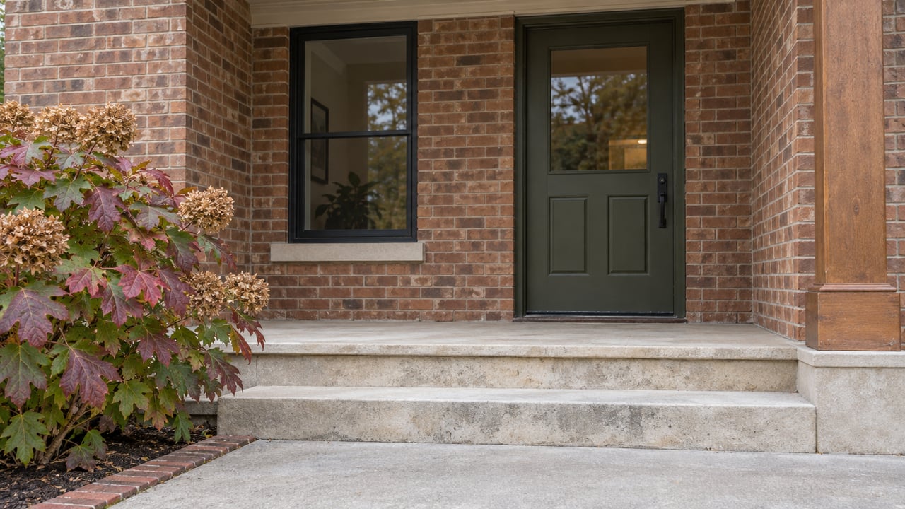Recessed dark-olive door in a red-brown brick porch, with limestone steps and burgundy hydrangea leaves.