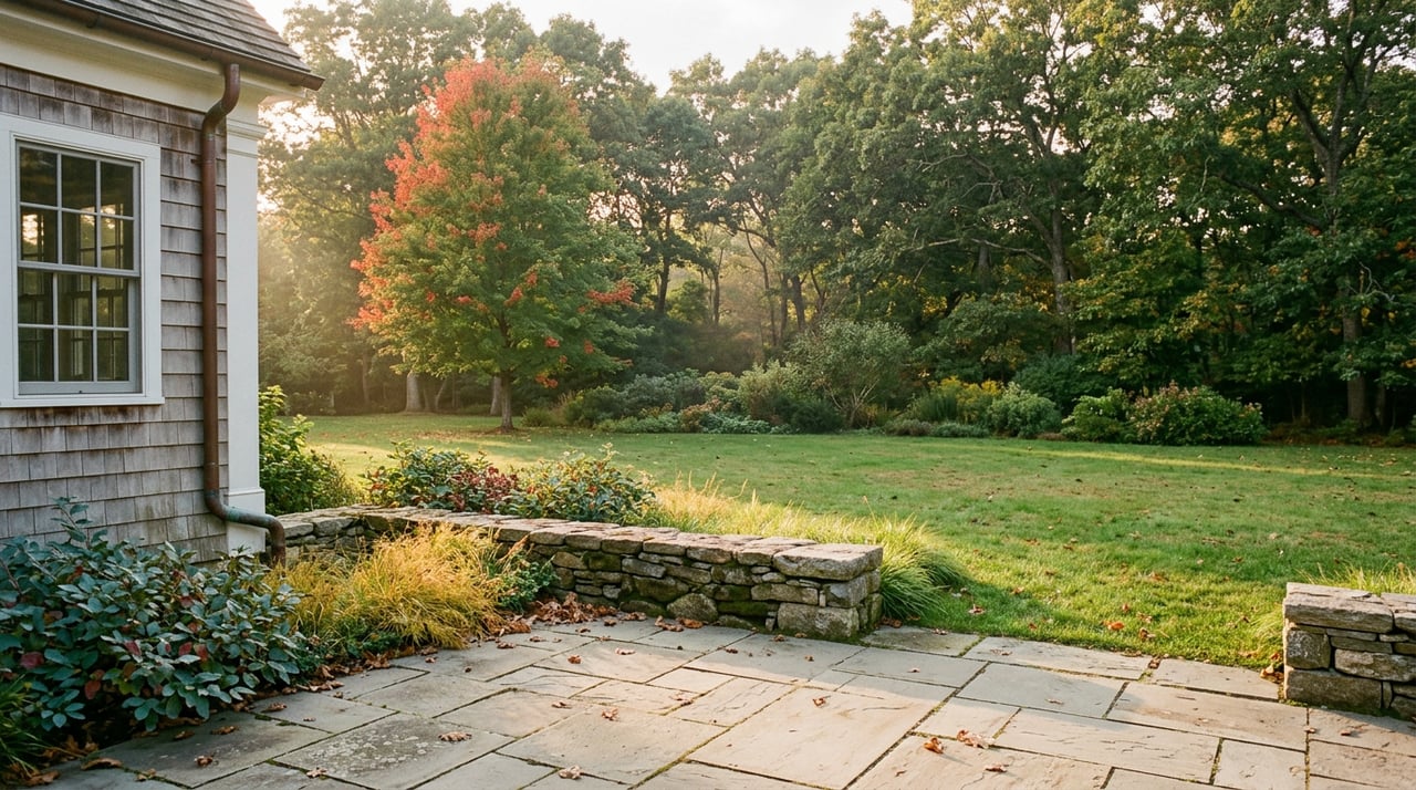 Bluestone terrace and fieldstone wall overlook a lawn, with a scarlet-edged tree and layered garden border.