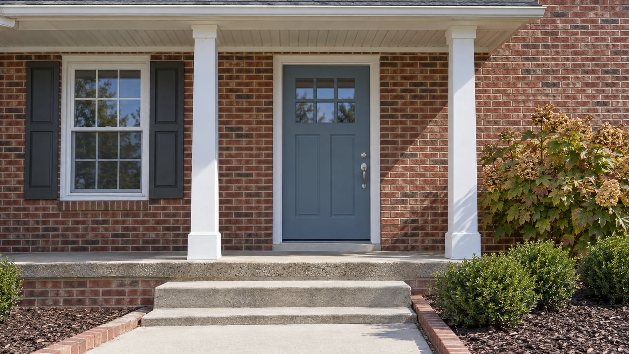 Brick home entry with a blue glazed door, white porch posts, concrete steps and autumn oakleaf hydrangea.